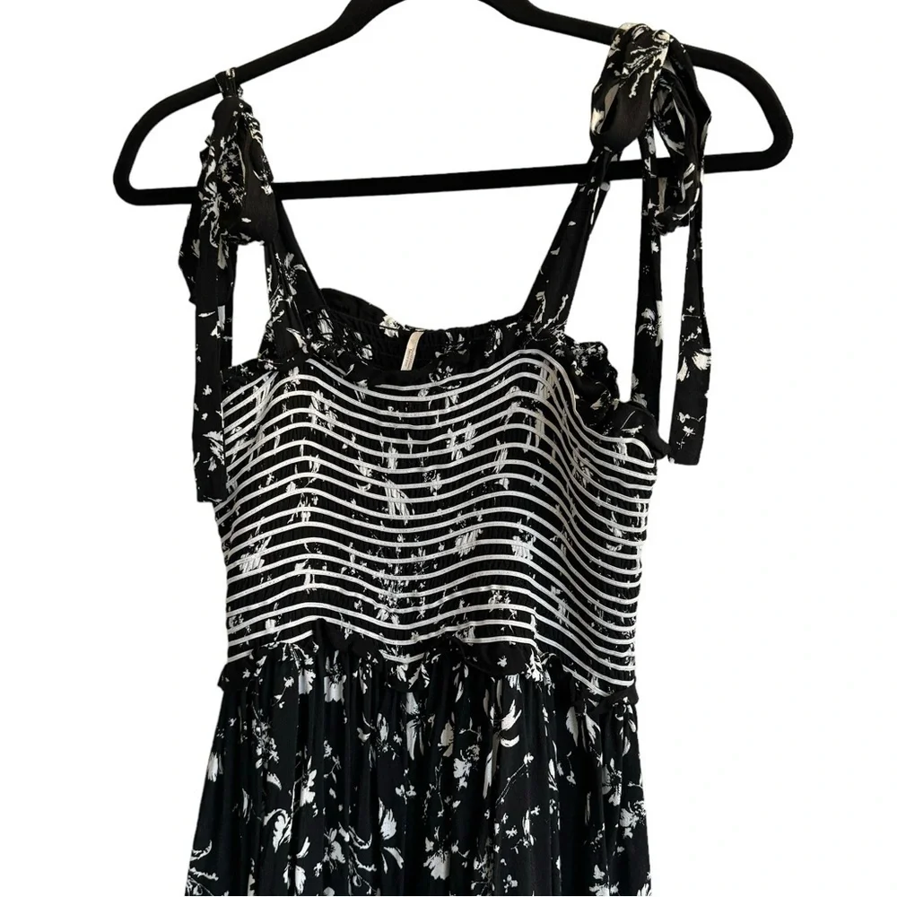 Free People Black and White Floral Striped Shirred Jumpsuit